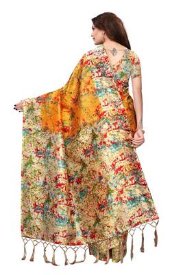 Orange printed art silk saree with blouse 4