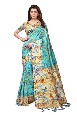 Turquoise printed art silk saree with blouse 1