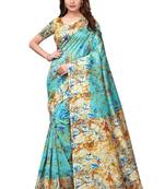 Turquoise printed art silk saree with blouse