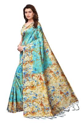 Turquoise printed art silk saree with blouse 2