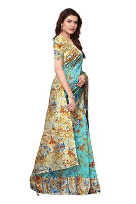 Turquoise printed art silk saree with blouse 3