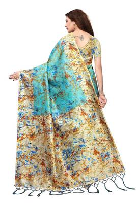 Turquoise printed art silk saree with blouse 4