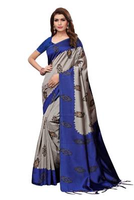 Blue printed art silk saree with blouse 1