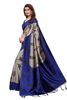 Blue printed art silk saree with blouse 2