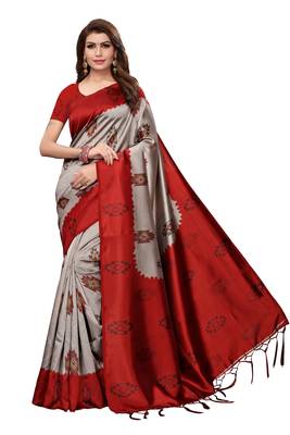 Red printed art silk saree with blouse 1