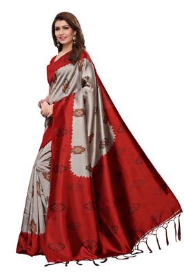 Red printed art silk saree with blouse 2