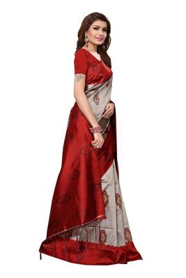 Red printed art silk saree with blouse 3