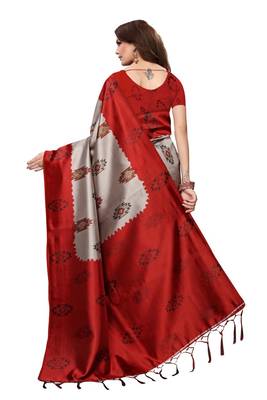 Red printed art silk saree with blouse 4