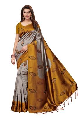 Yellow printed art silk saree with blouse 1