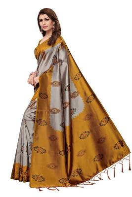Yellow printed art silk saree with blouse 2