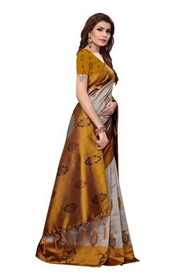 Yellow printed art silk saree with blouse 3