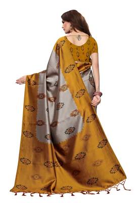 Yellow printed art silk saree with blouse 4
