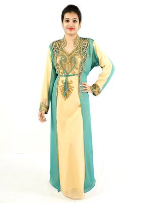 Beige embroidered georgette islamic kaftan 1