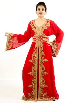 Red embroidered georgette islamic kaftan 1