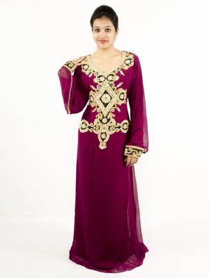 Wine embroidered georgette islamic kaftan 1