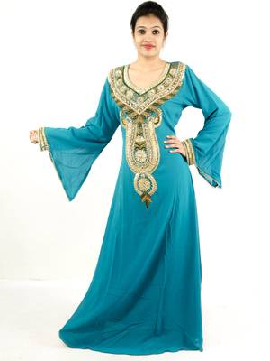 Teal embroidered georgette islamic kaftan 1