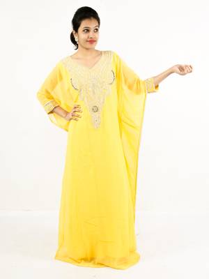 Yellow embroidered georgette islamic kaftan 1
