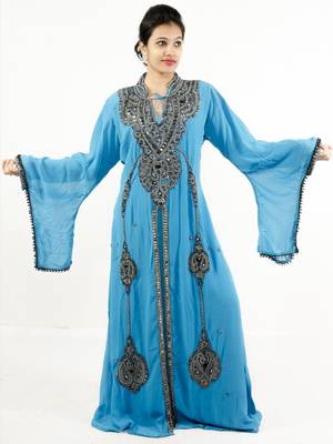 Teal blue embroidered georgette islamic kaftan 1