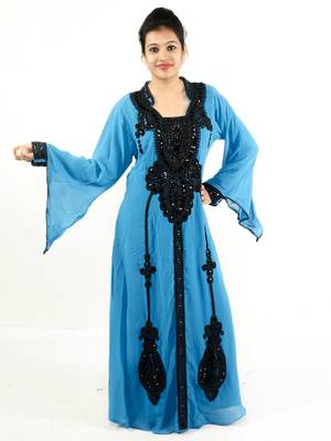 Teal blue embroidered georgette islamic kaftan 1