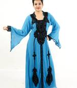 Teal blue embroidered georgette islamic kaftan