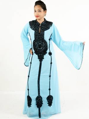 Aqua blue embroidered georgette islamic kaftan 1