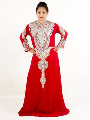 Red embroidered georgette islamic kaftan 1