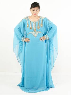 Aqua blue embroidered georgette islamic kaftan 1