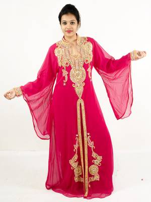 Peach embroidered georgette islamic kaftan 1