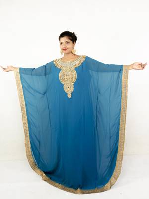Teal blue embroidered georgette islamic kaftan 1