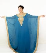 Teal blue embroidered georgette islamic kaftan