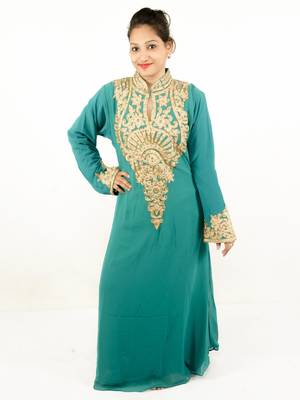Aqua blue embroidered georgette islamic kaftan 1