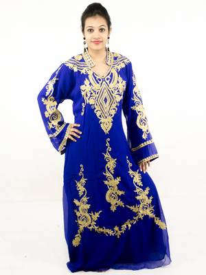 Royal blue embroidered georgette islamic kaftan 1
