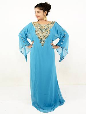Teal blue embroidered georgette islamic kaftan 1