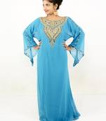 Teal blue embroidered georgette islamic kaftan