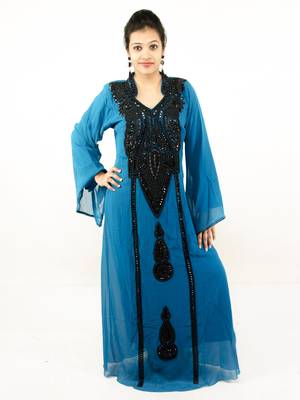 Teal blue embroidered georgette islamic kaftan 1