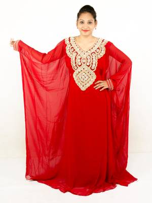 Red embroidered georgette islamic kaftan 1