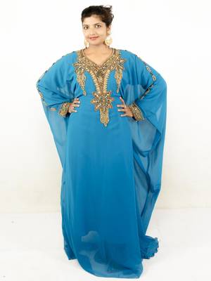 Teal blue embroidered georgette islamic kaftan 1
