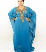 Teal blue embroidered georgette islamic kaftan