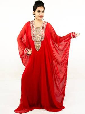 Red embroidered georgette islamic kaftan 1