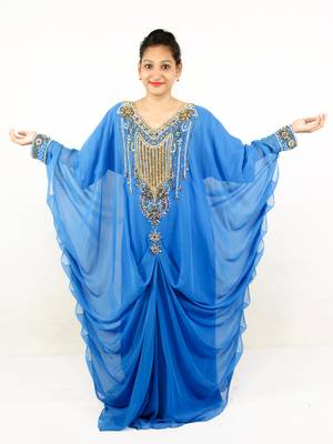 Teal blue embroidered georgette islamic kaftan 1