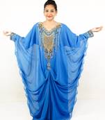 Teal blue embroidered georgette islamic kaftan