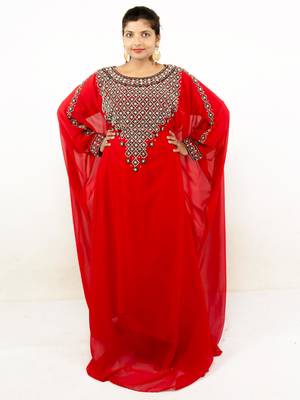 Red embroidered georgette islamic kaftan 1