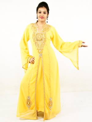 Yellow embroidered georgette islamic kaftan 1