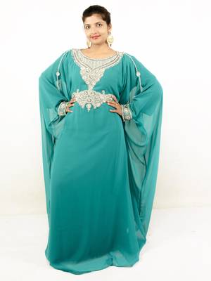 Teal green embroidered georgette islamic kaftan 1