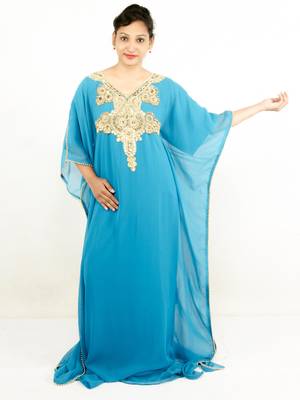Teal blue embroidered georgette islamic kaftan 1