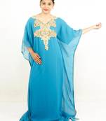 Teal blue embroidered georgette islamic kaftan