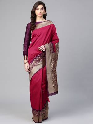 Inddus Magenta Pink Silk Blend Woven Saree With Blouse 1