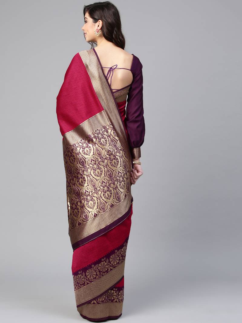 Inddus Magenta Pink Silk Blend Woven Saree With Blouse