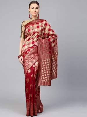 Inddus Maroon Silk Blend Woven Saree With Blouse 1
