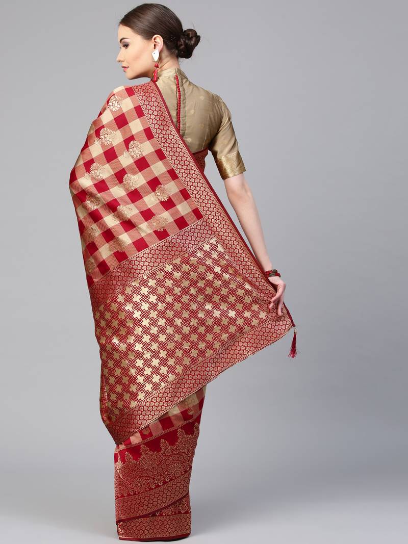 Inddus Maroon Silk Blend Woven Saree With Blouse